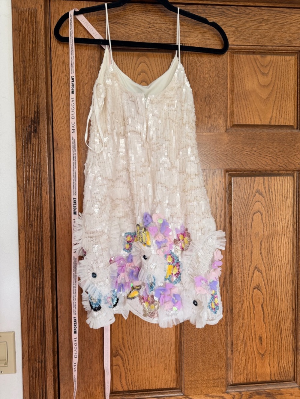 Mac Duggal Cream Sequin Slip Dress with Floral Applique